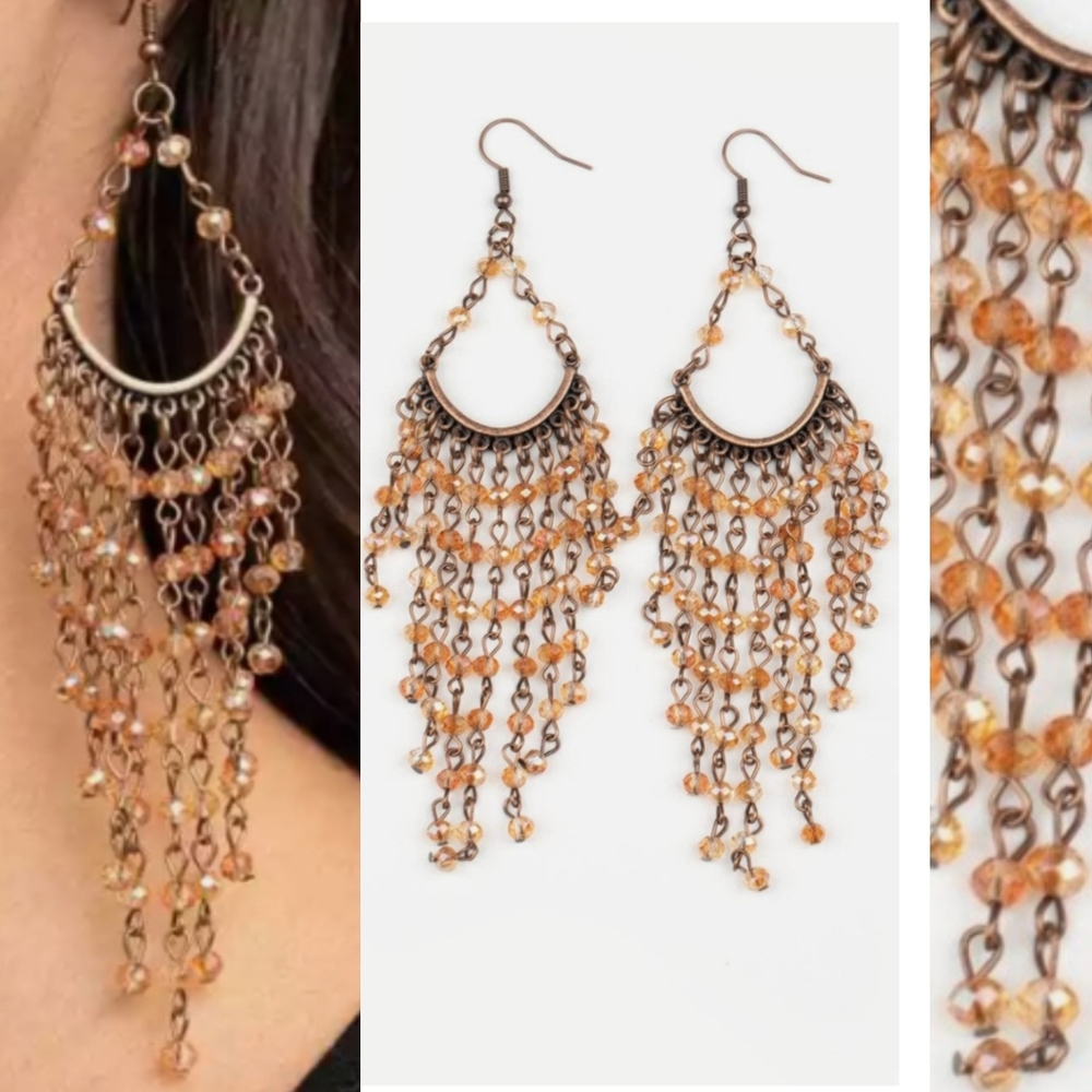 🍂 AMBER CRYSTAL LONG CHANDELIER EARRINGS